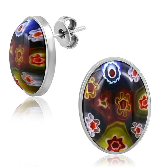 Stainless Steel Glass Flower Oval Stud Earrings (pair)