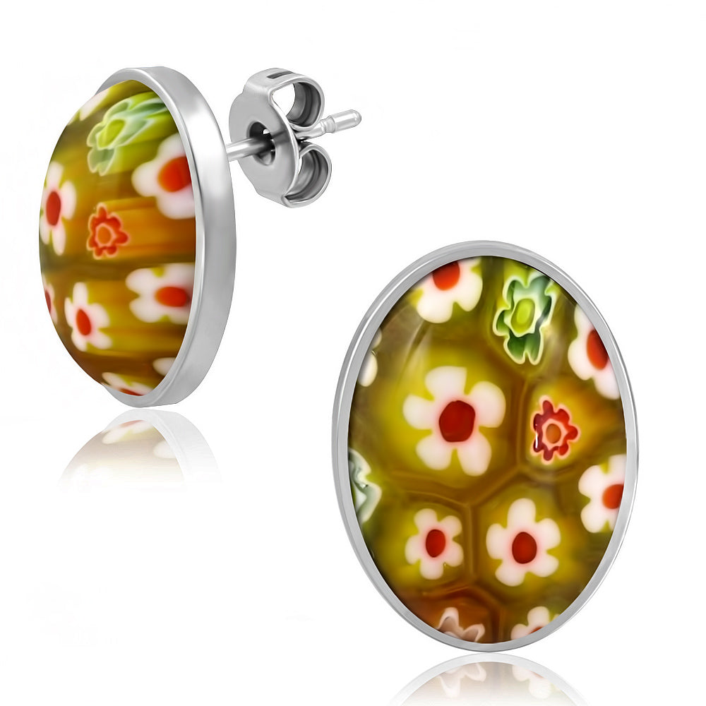 Stainless Steel Glass Flower Oval Stud Earrings (pair)