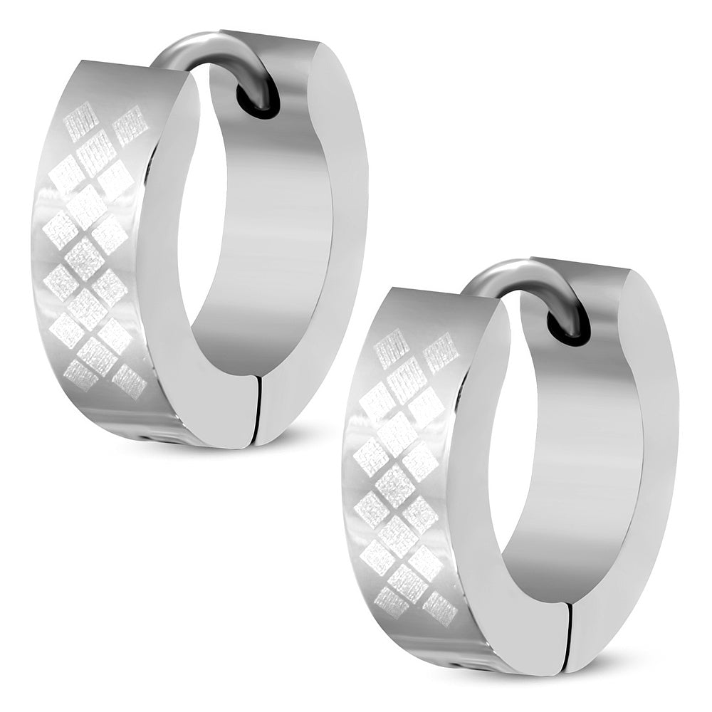 4mm | Stainless Steel Laser Checker/Grid Hoop Huggie Earrings (pair)