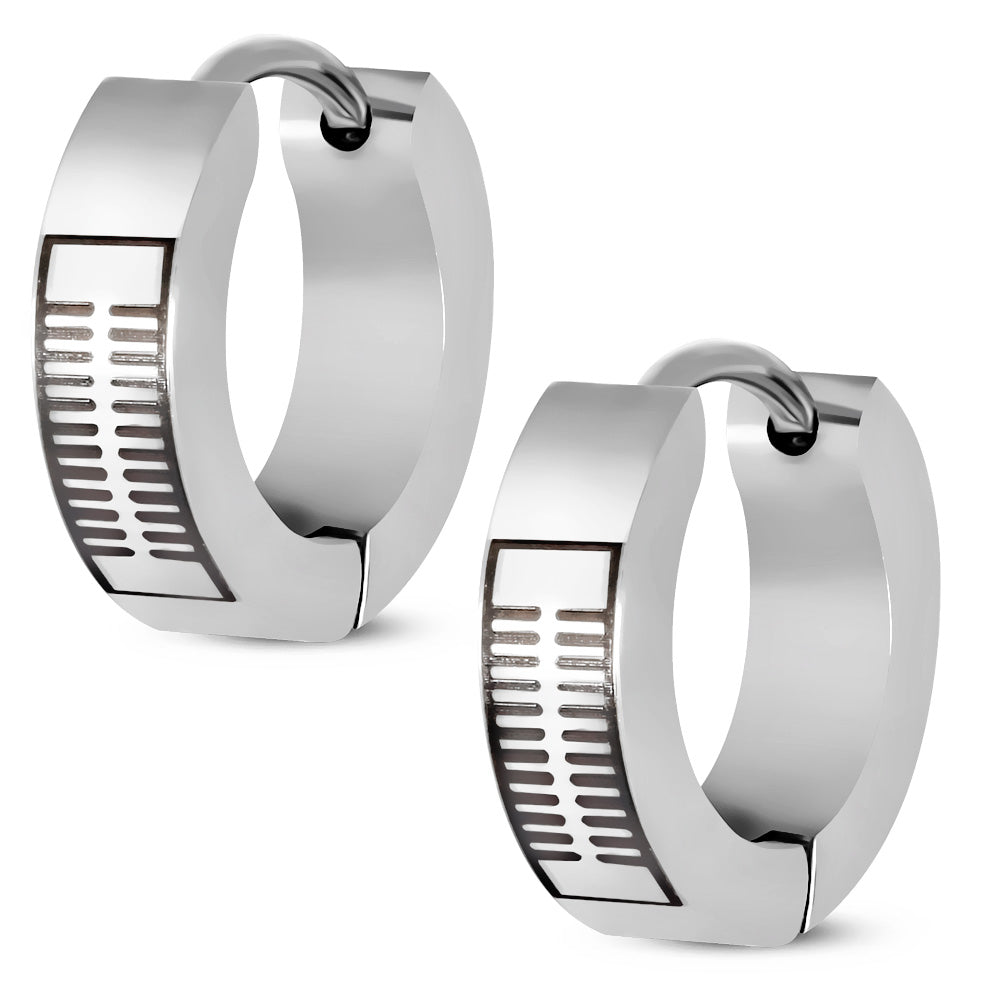 4mm | Stainless Steel 2-tone Laser Diagonal Hoop Huggie Earrings (pair)