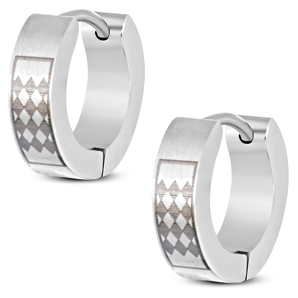 4mm | Stainless Steel 2-tone Laser Checker/Grid Hoop Huggie Earrings (pair)