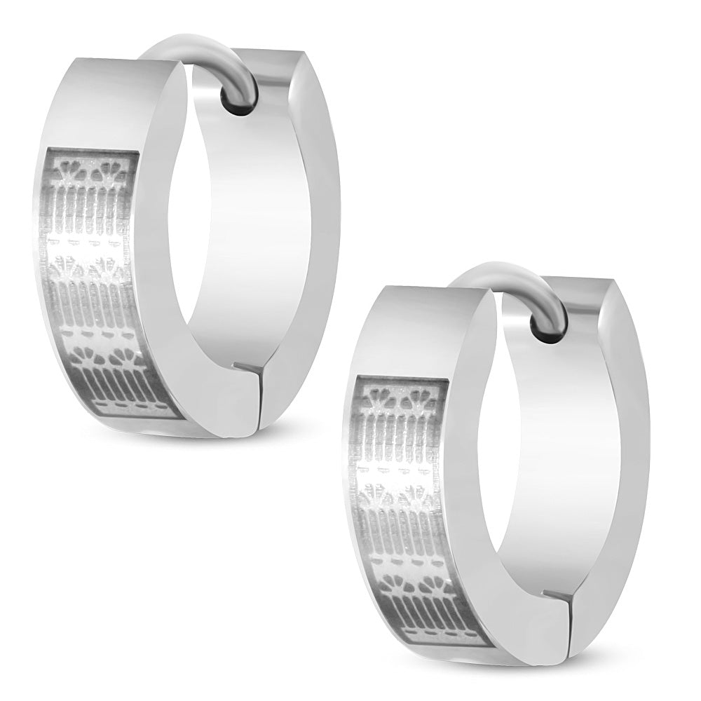 4mm | Stainless Steel 2-tone Laser Hoop Huggie Earrings (pair)