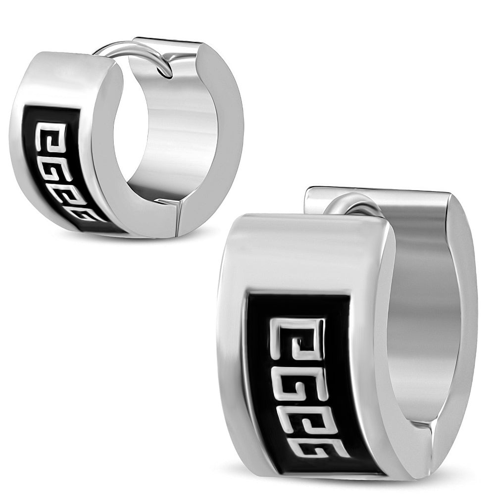7mm | Stainless Steel 2-tone Greek Key Hoop Huggie Earrings (pair)