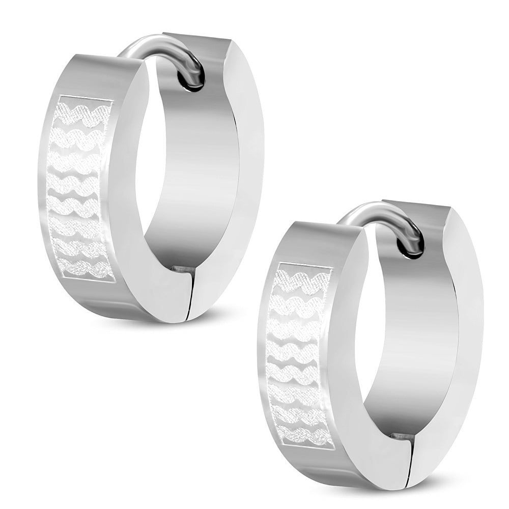 4mm | Stainless Steel Laser Print Tidal Wave Hoop Huggie Earrings (pair)
