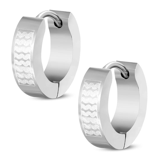 4mm | Stainless Steel Laser Print Tidal Wave Hoop Huggie Earrings (pair)