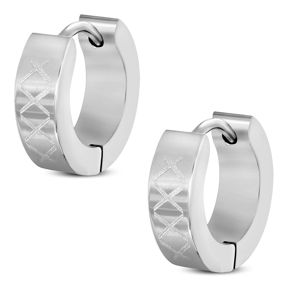4mm | Stainless Steel Laser Print Criss-Cross Hoop Huggie Earrings (pair)