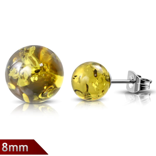 8mm | Stainless Steel Ball Synthetic Amber Stones Stud Earrings (pair)