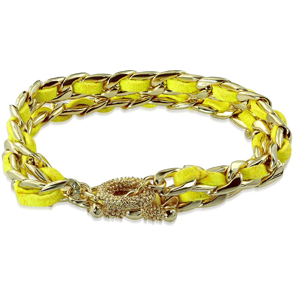 Fashion Alloy Gold Color Plated Yellow Velvet Double Wrap Chain Toggle Bracelet