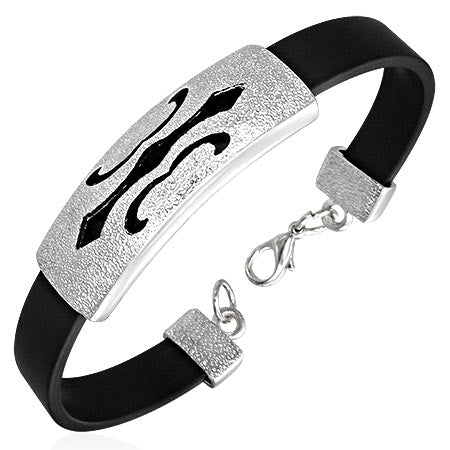 Fashion Alloy Cut-out Fleur De Lis Flower Watch-Style Black Rubber Bracelet