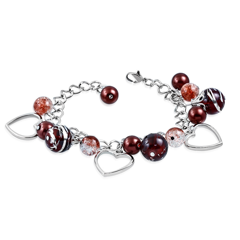 Fashion Alloy Brown Pearl Glass Bead Open Love Heart Charm Link Chain Bracelet