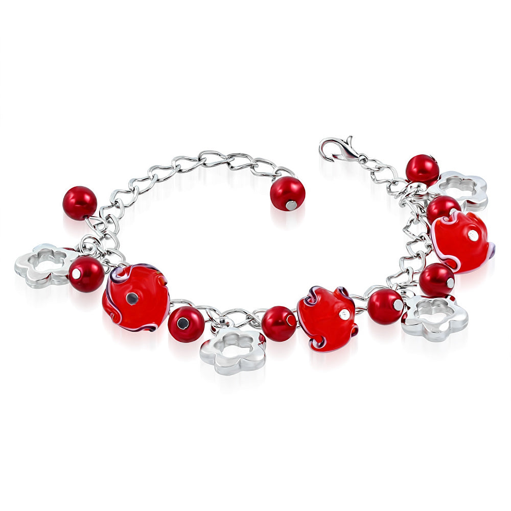 Fashion Alloy Red Pearl Glass Bead Flower Star Charm Link Chain Bracelet