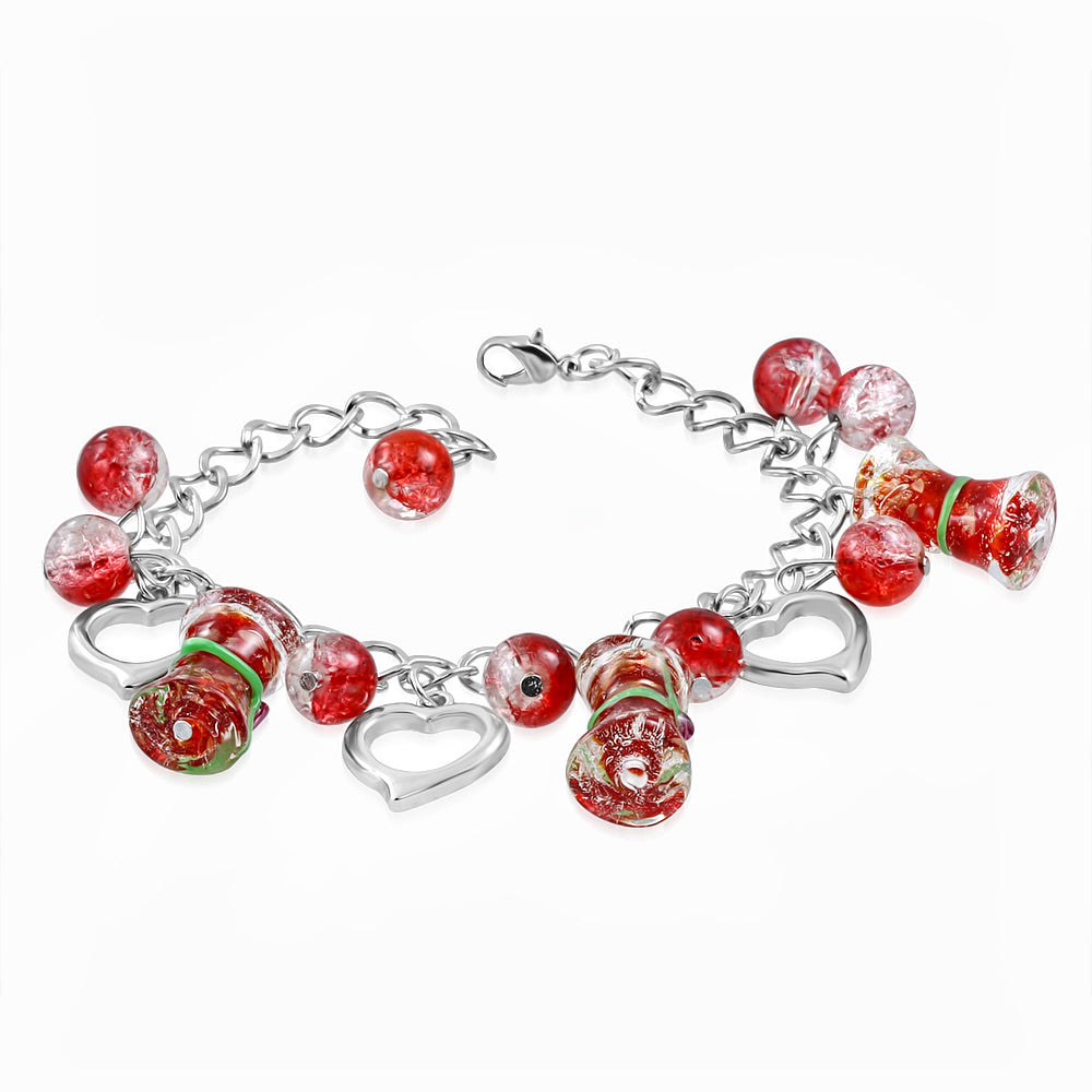 Fashion Alloy Red Pearl Glass Bead Open Love Heart Pillar Charm Link Chain Bracelet