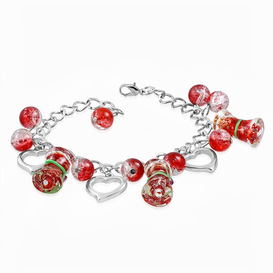Fashion Alloy Red Pearl Glass Bead Open Love Heart Pillar Charm Link Chain Bracelet
