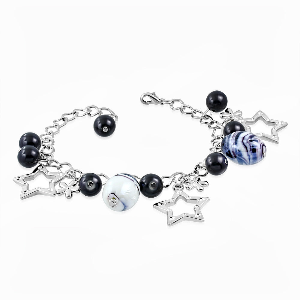 Fashion Alloy Black Glass Bead Flower Star Charm Link Chain Bracelet