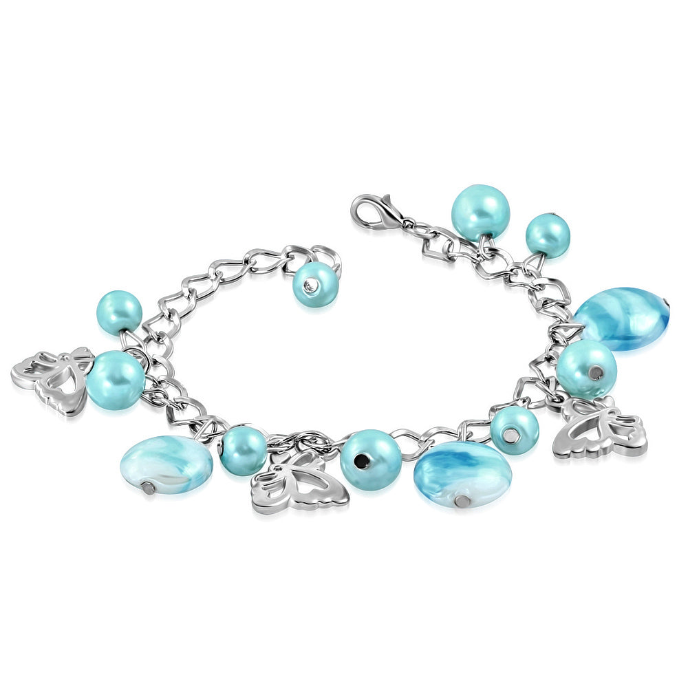 Fashion Alloy Sky Blue Pearl Glass Bead Butterfly Charm Link Chain Bracelet
