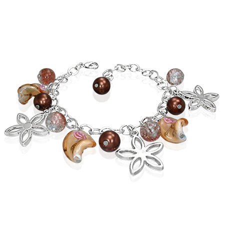 Fashion Alloy Brown Pearl Bead Glass Flower Star Charm Link Chain Bracelet