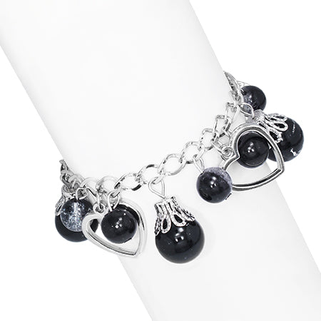 Fashion Alloy Black Pearl Glass Bead Ball Open Love Heart Oval Charm Link Chain Bracelet