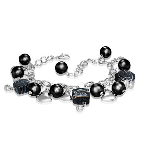 Fashion Alloy Black Pearl Bead Glass Square Love Heart Bell Charm Link Chain Bracelet