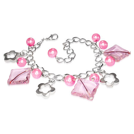 Fashion Alloy Pink Pearl Glass Bead Square Flower Star Charm Link Chain Bracelet