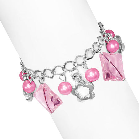 Fashion Alloy Pink Pearl Glass Bead Square Flower Star Charm Link Chain Bracelet