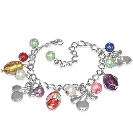 Fashion Alloy Colorful Pearl Bead Glass Rose Flower Oval Cherry Charm Link Chain Bracelet
