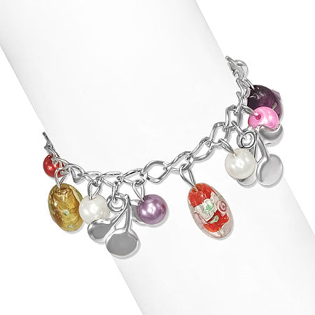 Fashion Alloy Colorful Pearl Bead Glass Rose Flower Oval Cherry Charm Link Chain Bracelet