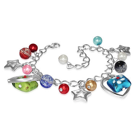 Fashion Alloy Colorful Pearl Bead Glass Rose Flower Square Star Love Heart Charm Link Chain Bracelet