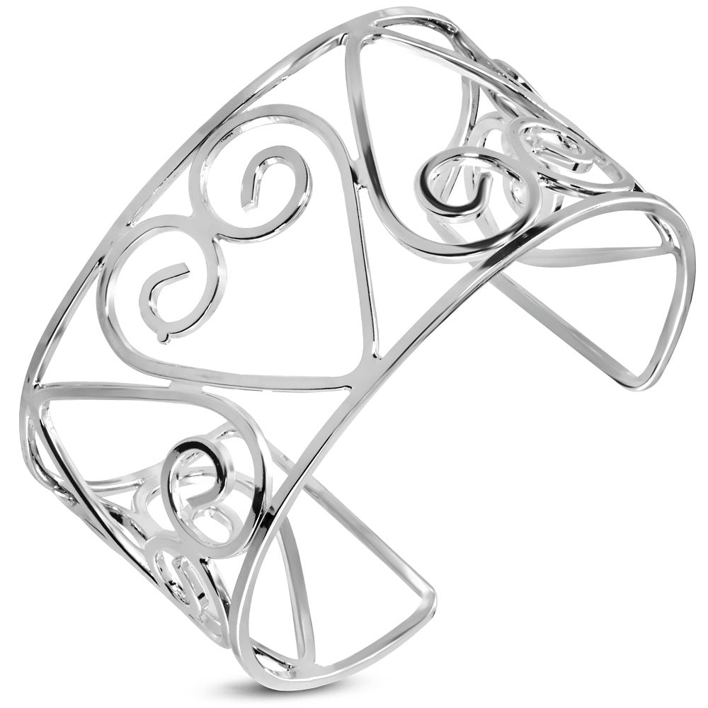 Fashion Alloy Spiral Love Heart Wide Cuff Bangle