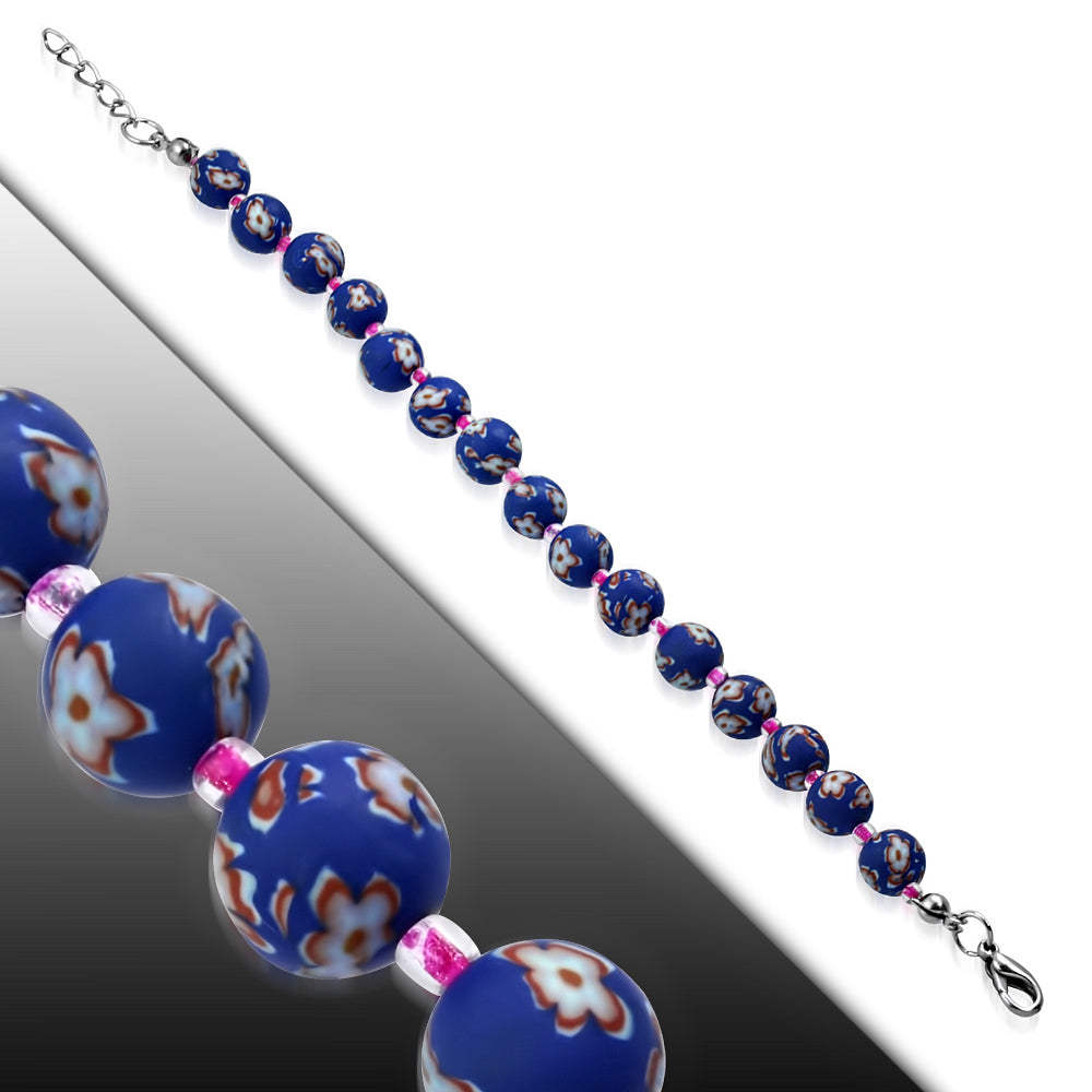Fashion Alloy Fimo/ Polymer Clay Pink Flower Navy Blue Circle Bead Link Bracelet