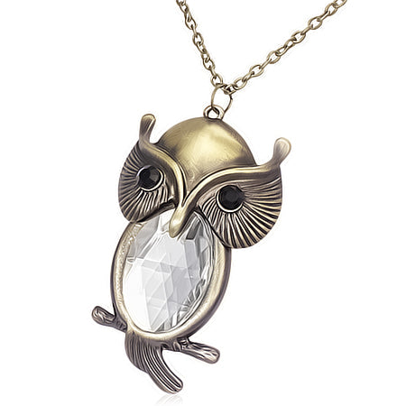 Fashion Alloy Vintage Crystal Owl Charm Lobster Clasp Closure Necklace w/ Faceted Clear CZ