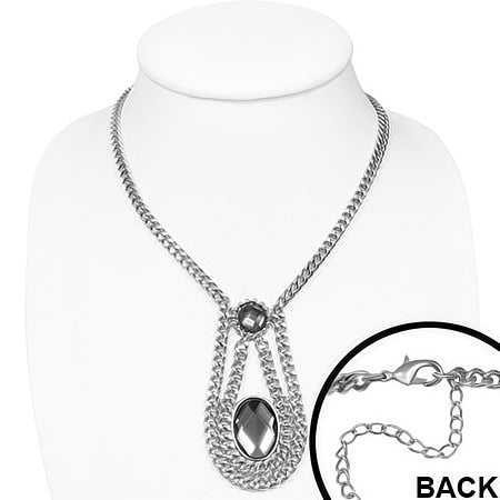 Fashion Alloy Vintage Crystal Circle Oval Charm Extender Chain Necklace w/ Faceted Jet Black CZ