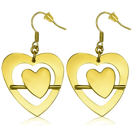 Fashion Alloy Gold Color Plated Fancy Open Love Heart Long Drop Hook Earrings (pair)