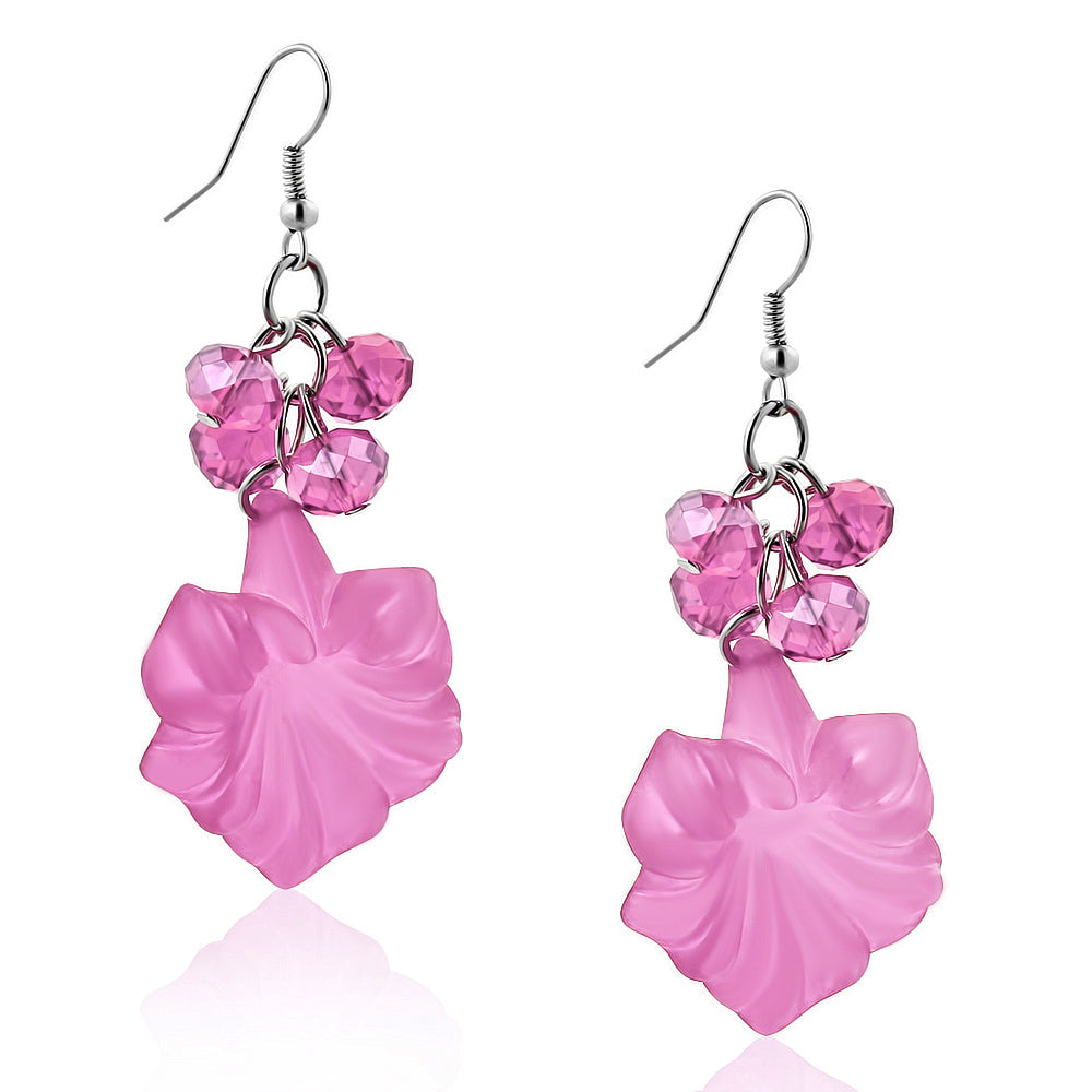 Fashion Alloy Pink Bead Flower Charm Long Drop Hook Earrings (pair)
