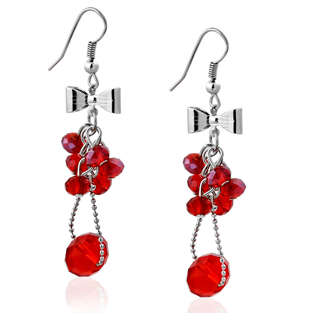 Fashion Alloy Bow Red Cluster Bead Long Drop Hook Earrings (pair)