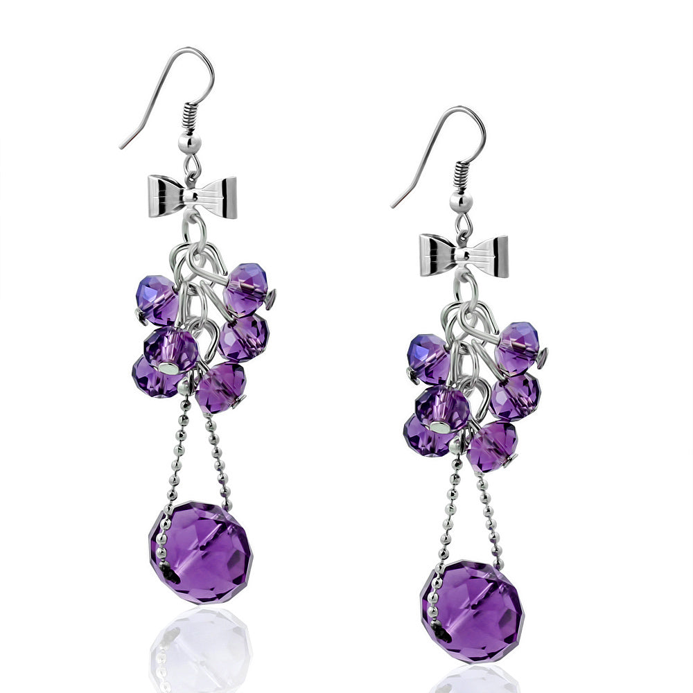 Fashion Alloy Bow Amethyst Cluster Bead Long Drop Hook Earrings (pair)