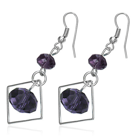 Fashion Alloy Amethyst Bead Square Long Drop Hook Earring (pair)