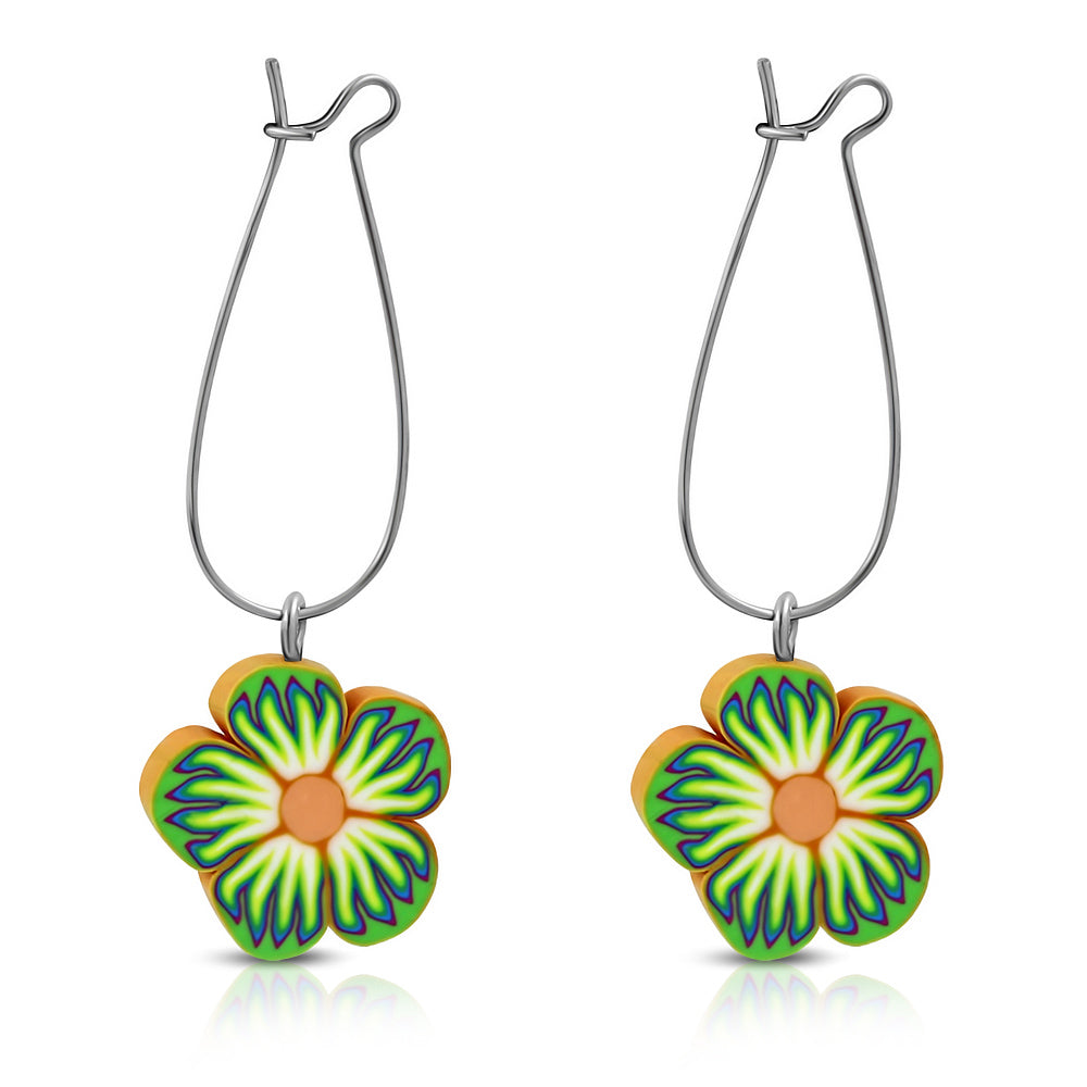 Fashion Alloy Fimo/ Polymer Clay Daisy Flower Long Drop Hook Earrings (pair)