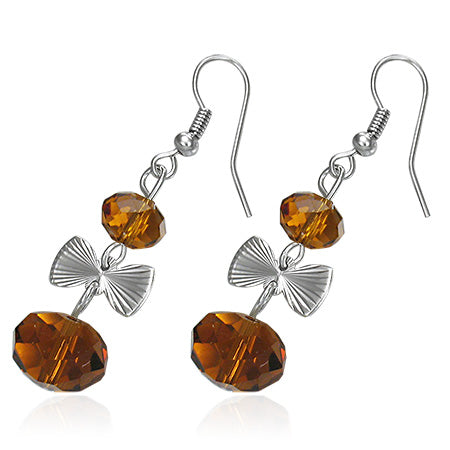 Fashion Alloy Brown Bead Bow Long Drop Hook Earring (pair)