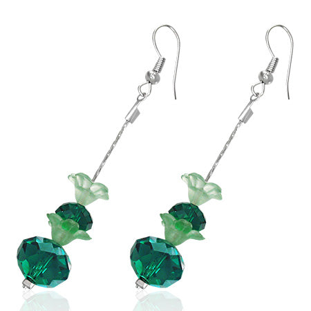 Fashion Alloy Green Flower Bead Long Drop Hook Earring (pair)