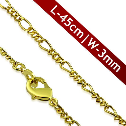 L45cm W3mm | Fashion Alloy Gold Color Plated Figaro Link Chain