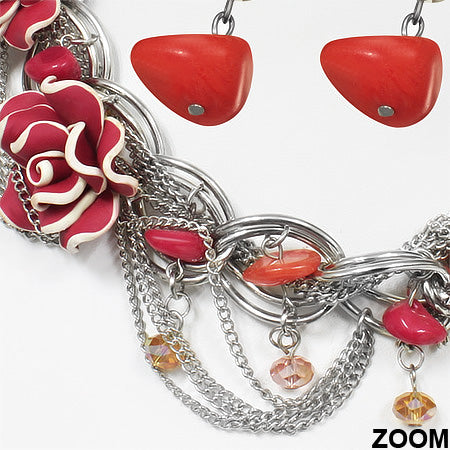 Fashion Alloy Fimo Rose Flower Crystal Glass Bead Stones Charm Necklace & Pair of Drop Hook Earrings (SET)