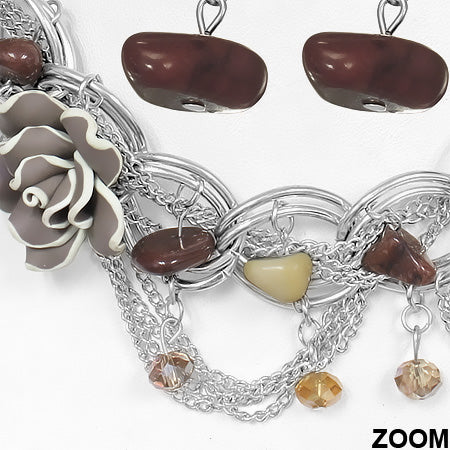 Fashion Alloy Fimo Rose Flower Crystal Glass Bead Stones Charm Necklace & Pair of Drop Hook Earrings (SET)