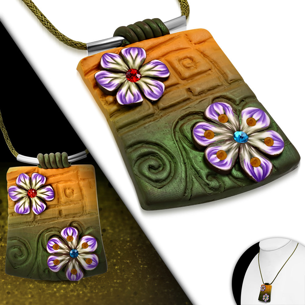 Fashion Fimo/ Polymer Clay Flower Tag Charm Necklace w/ Colorful CZ
