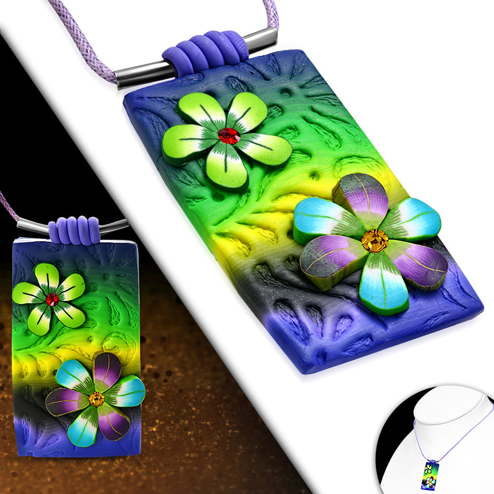 Fashion Fimo/ Polymer Clay Flower Tag Charm Necklace w/ Colorful CZ