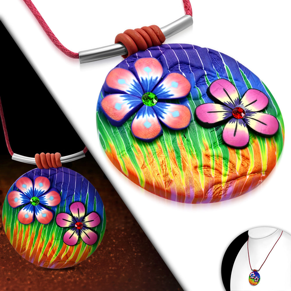 Fashion Fimo/ Polymer Clay Flower Circle Charm Necklace w/ Colorful CZ