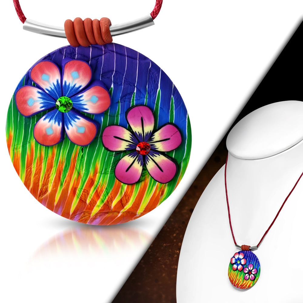 Fashion Fimo/ Polymer Clay Flower Circle Charm Necklace w/ Colorful CZ