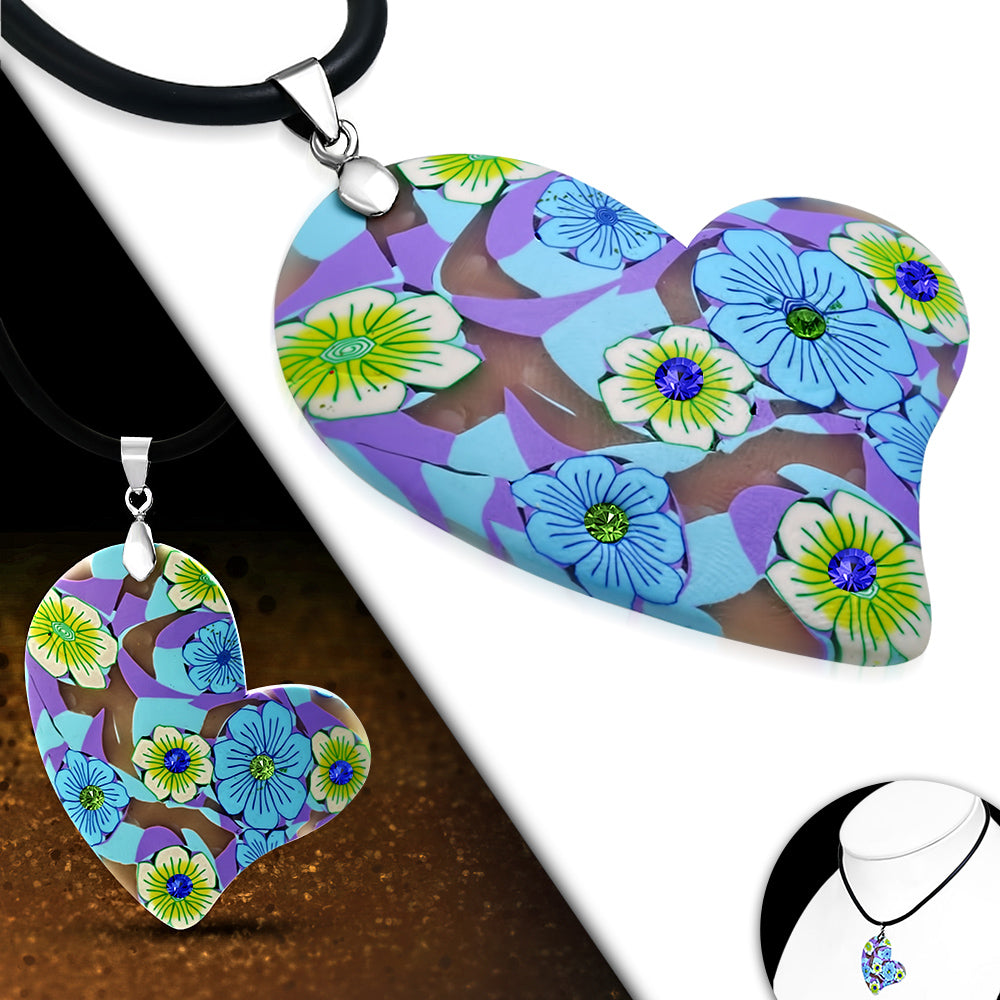 Fashion Fimo/ Polymer Clay Rose Flower Love Heart Charm Necklace w/ Colorful CZ