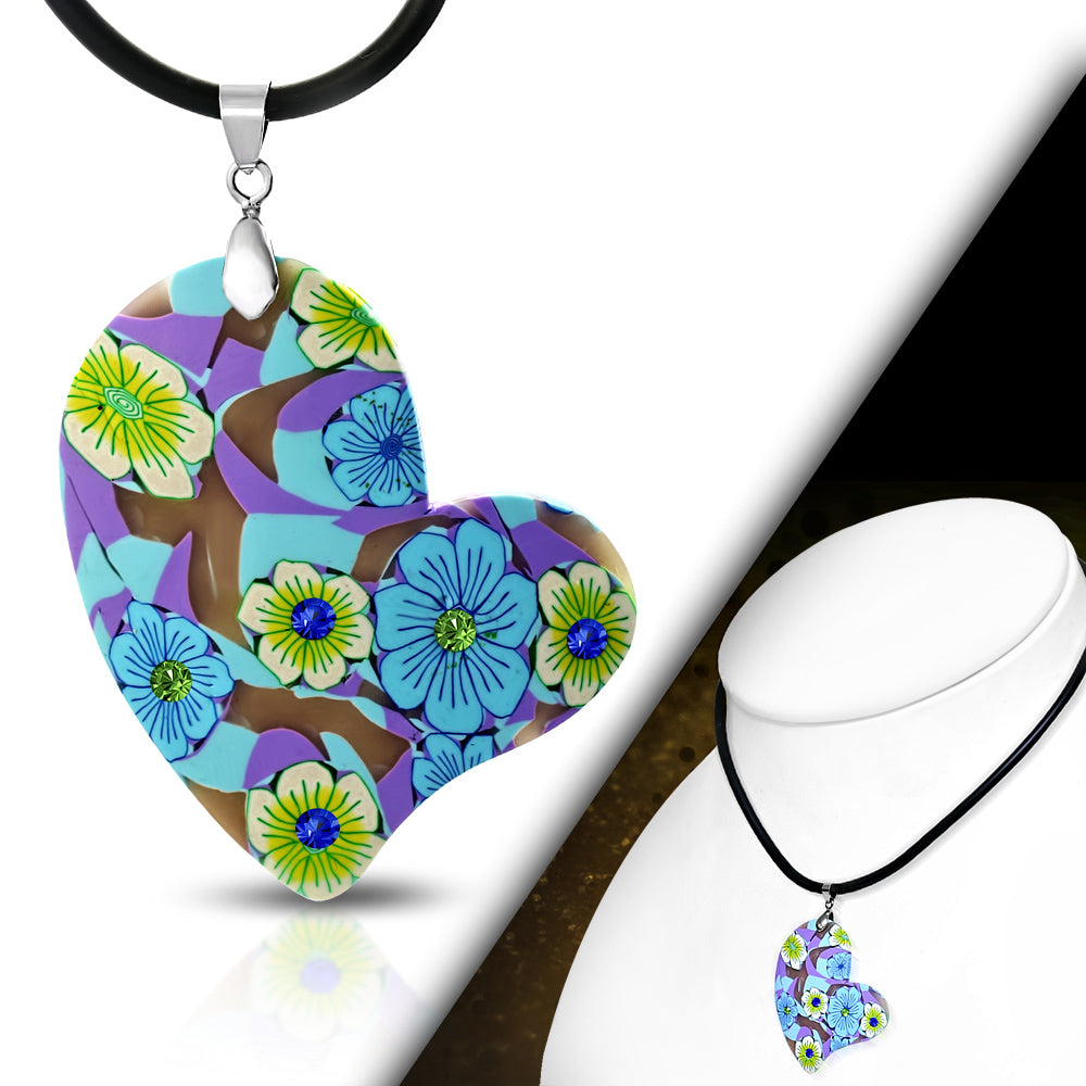 Fashion Fimo/ Polymer Clay Rose Flower Love Heart Charm Necklace w/ Colorful CZ