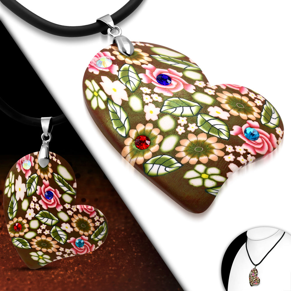 Fashion Fimo/ Polymer Clay Rose Flower Love Heart Charm Necklace w/ Colorful CZ