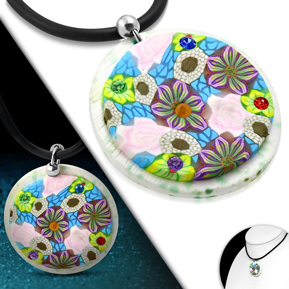Fashion Fimo/ Polymer Clay Rose Flower Circle Charm Necklace w/ Colorful CZ
